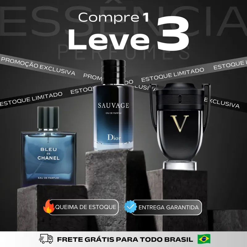 Kit 3 Perfumes Masculinos Importados (100ml cada)  - Sauvage Dior + Bleu de Chanel + Invictus Victory